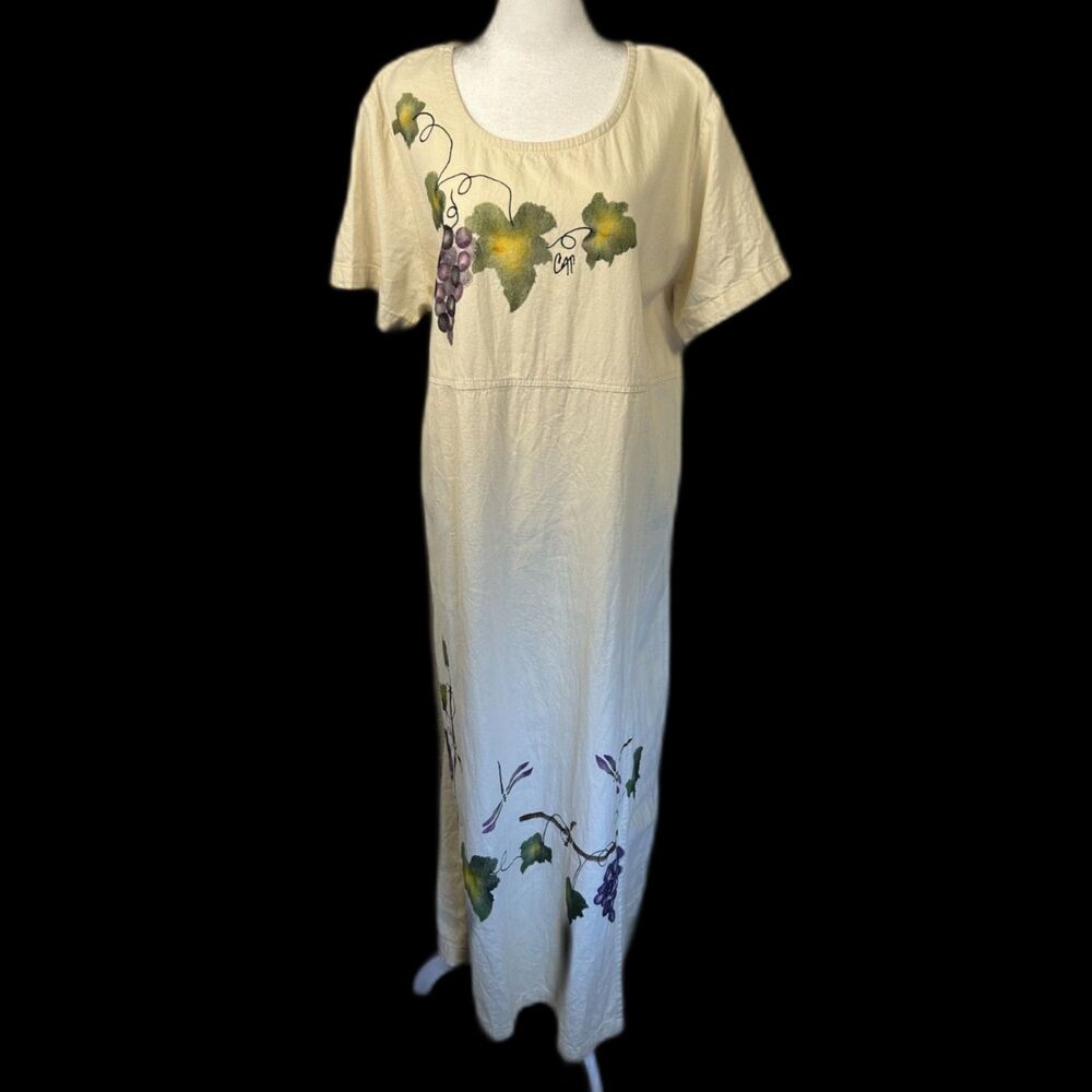 Apache Handpainted Vineyard Motif Women's Sz XL 100% Cotton Muslin Maxi Dress